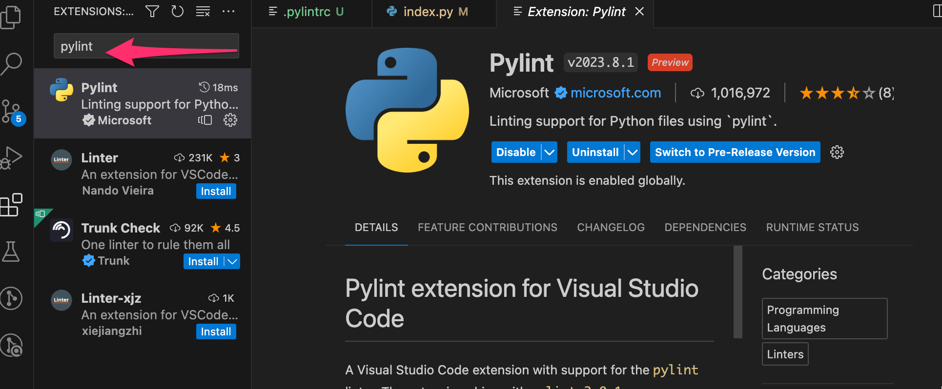 Visual Studio Code Pylint lisäosa